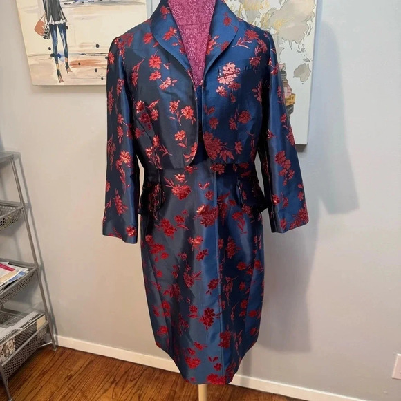 Carolina Herrera Blue Floral Print Knee Length Dress and Jacket Woman Size XL - Picture 4 of 7